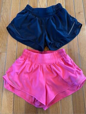 2 Pairs Lululemon Lined Low Rise Hotty Hot Shorts Size 0 Black & Pink Inseam 2.5